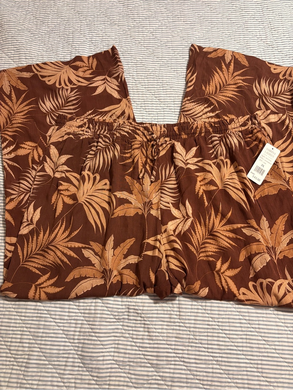 BOHO Tropical Print Wide-Leg Pants in Rust and Tan